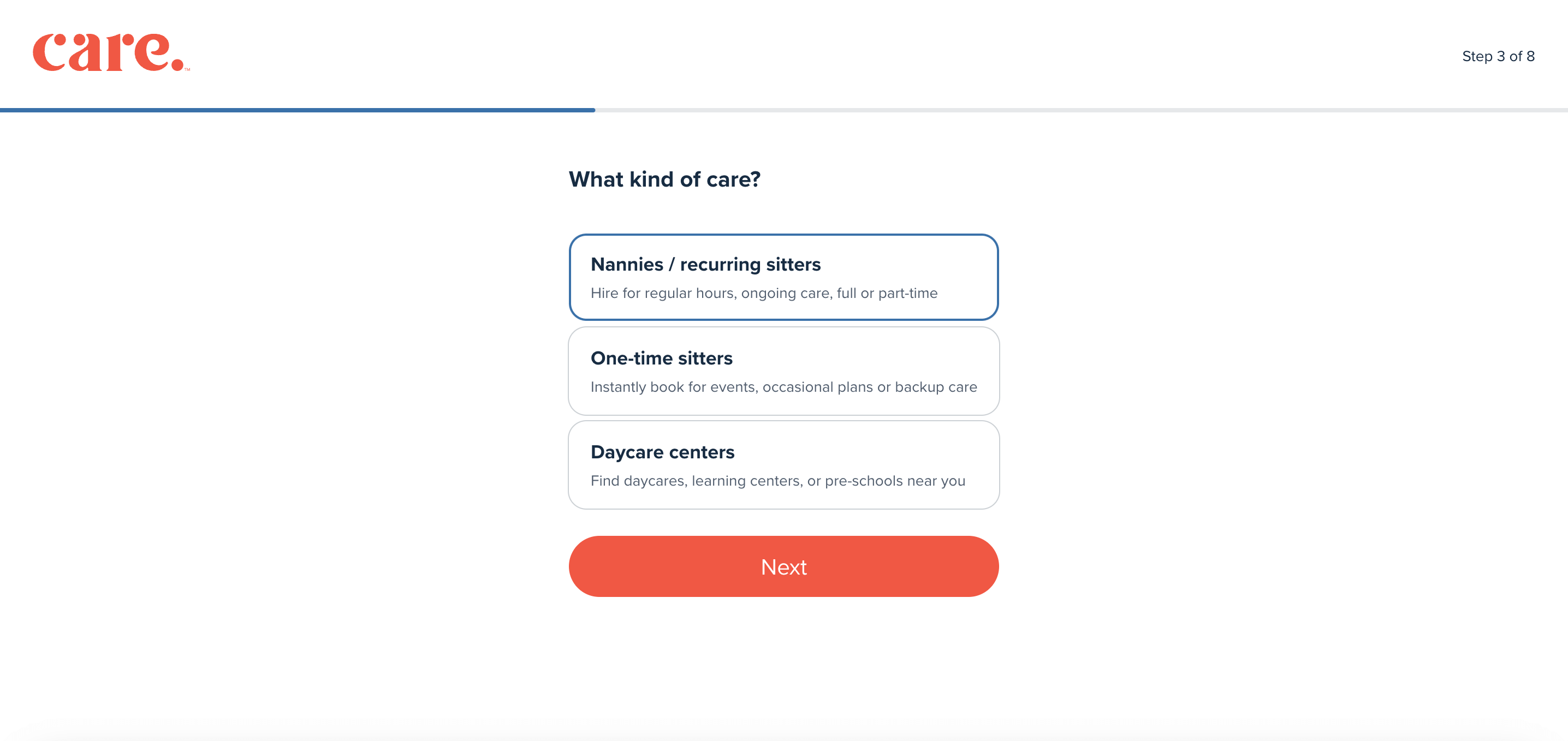 Screenshot of Care.com 10 step onboarding process