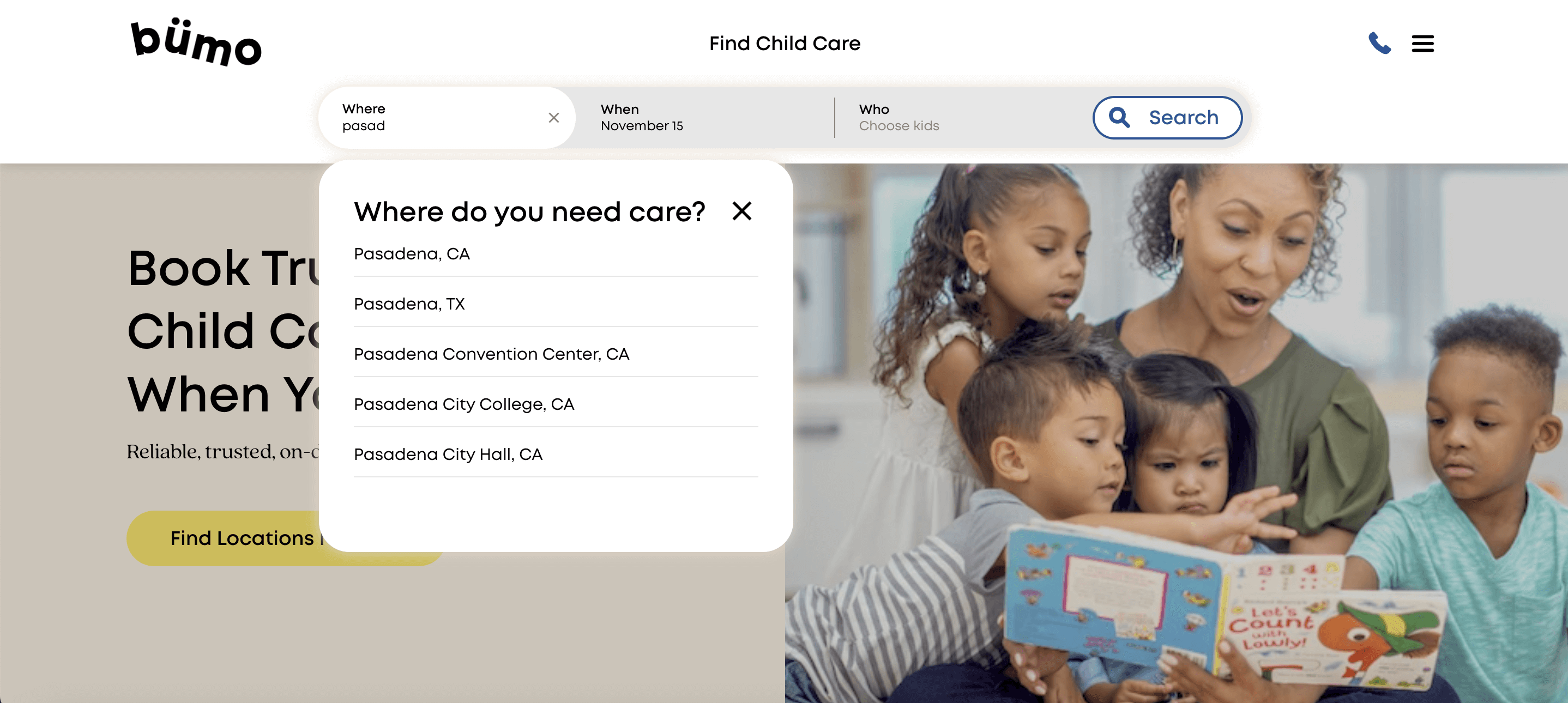 Screen shot of on-demand child care bumo.com search bar