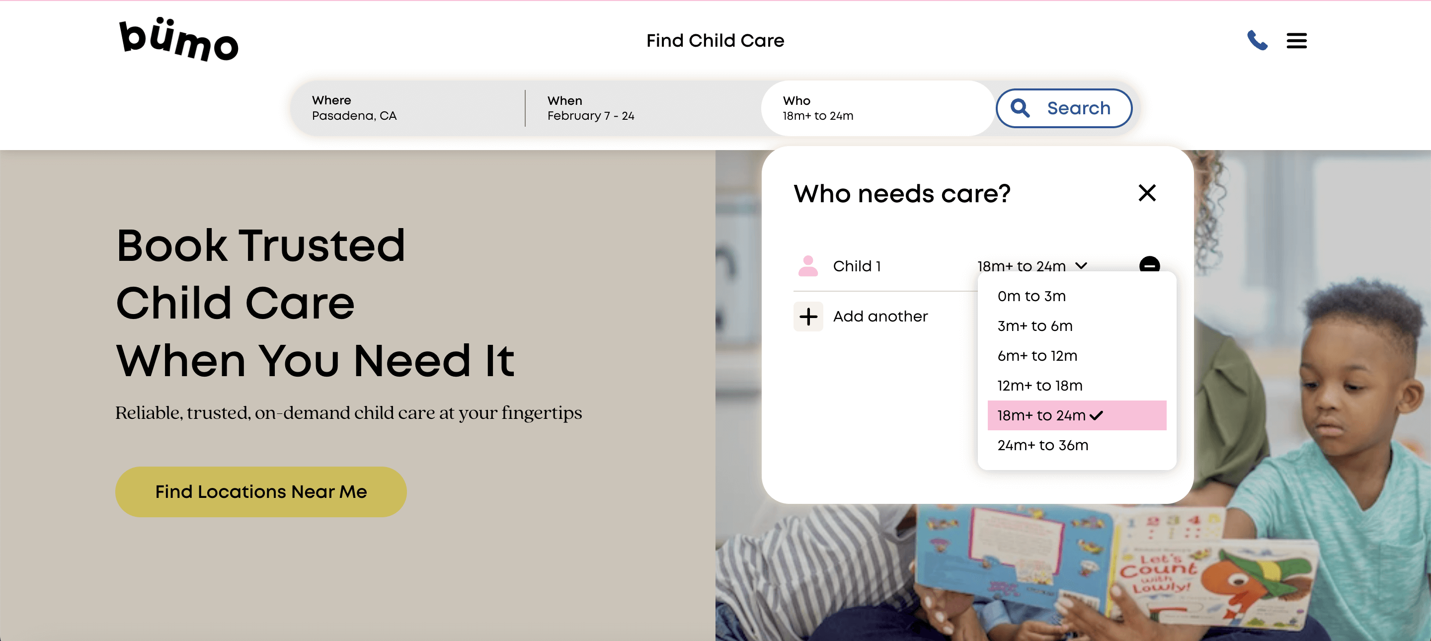 Screen shot of on-demand child care bumo.com search bar